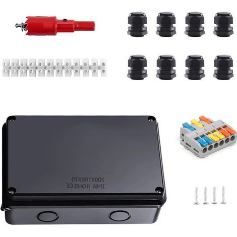 Boîte de Dérivation IP65 Noir 200x100x70mm - Étanche pour Caves/Garages - Bornes Incluses - Adaptée Câbles 12-16mm - Accessoires de Montage - Protection Humidité