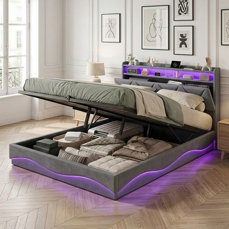 Letto Coffre 160 x 200 con Sommier, letto 2 posti con USB e LED, letto 160x200 con Doghe, Letto Imbottito Doppio Grigio (1/5)