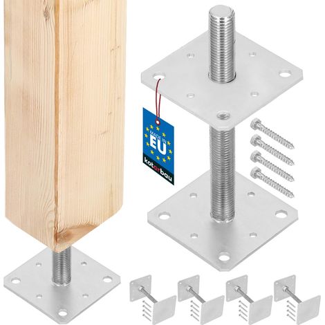 KOTARBAU® 4 pces. Support de Poteau - Acier Galvanisé - 160 x 160 x 250 mm - M24 - Argent - Pied Réglable - Support Poteau Bois - Fixation Robuste Extérieur Intérieur (1/5)