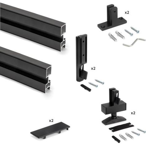 Emuca Lote de 2 estructuras Zero con herrajes y perfiles para montaje al suelo y a pared con nivelador rectangular, Aluminio y Zamak, Negro texturizado - (1/5)