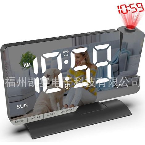 Horloge numérique de bureau à miroir LED avec gradation réglable et alarme de projection de l'heure d'été, conforme à la norme EN8836-C : boîtier noir, lettrage blanc. (1/4)