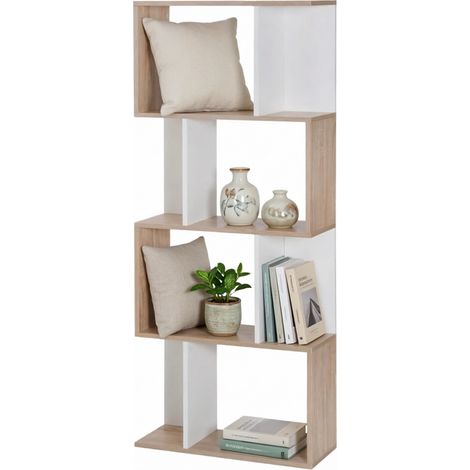 Libreria moderna a S aperta 60 x 24 x 148 cm, legno naturale e bianco, in truciolato (1/5)