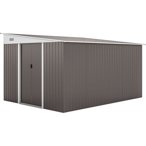 Casetta da giardino in acciaio 280 x 345 x 201 cm grigia con tetto spiovente e porte scorrevoli