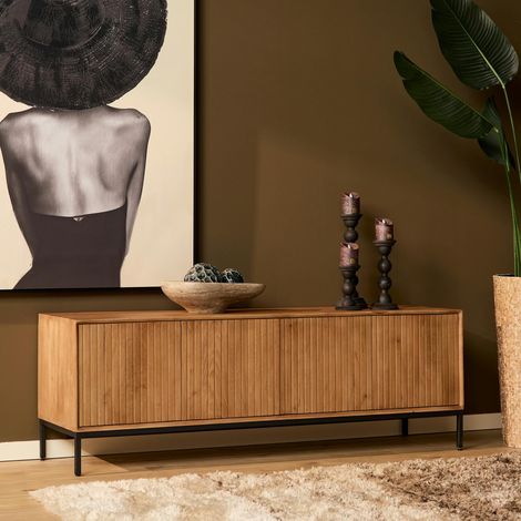 Meuble TV en bois 4 portes rainurées 165 cm CORTINA (1/5)