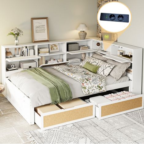 MEUBLIV Bett 140x200 cm weiß – Stauraum und USB-Anschlüsse, ohne Matratze (1/5)
