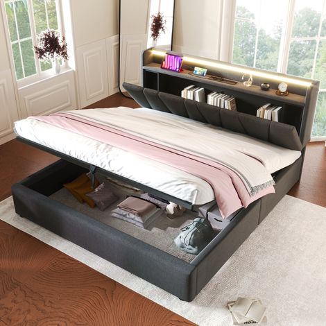 lit adulte double coffre 140x190 LED USB prise gris OKMYHOME (1/5)