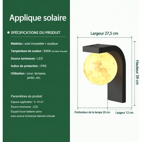 Applique murale extérieure ronde effet lune, modèle solaire lune pour jardin villa clôture, blanc laiteux, 1 kg – Livraison gratuite