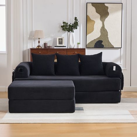 Canapé modulaire compressé en velours côtelé avec pouf, cadre métallique stable, poche latérale et 3 coussins confortables – rembourrage extra épais pour plus de confort, modulable et polyvalent. Noir (1/5)