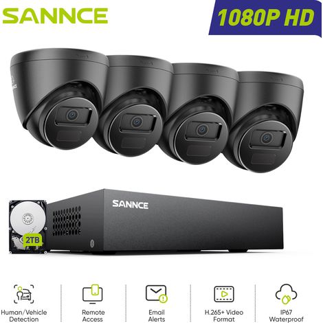 SANNCE Kit di Videosorveglianza Esterni 8CH 1080P 4 Telecamere Turret 2MP,Sistema di Telecamere di Sicurezza Cablato Visione Notturna Accesso Remoto,2TB HDD (1/5)