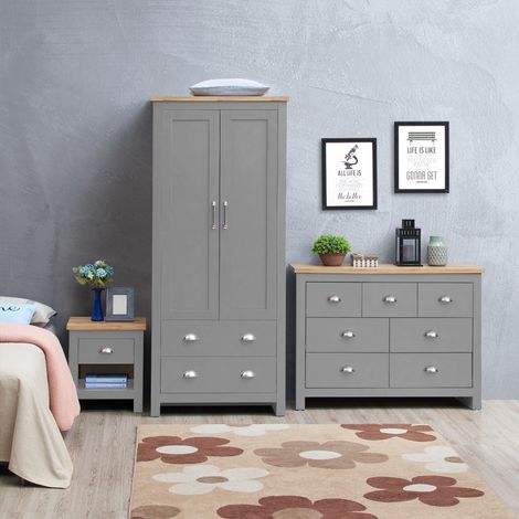 3 – Piece Bedroom Furniture Set Wardrobe 3+2+2 Chest 1 Drawer Bedside Table Light Grey Oak Top (1/5)