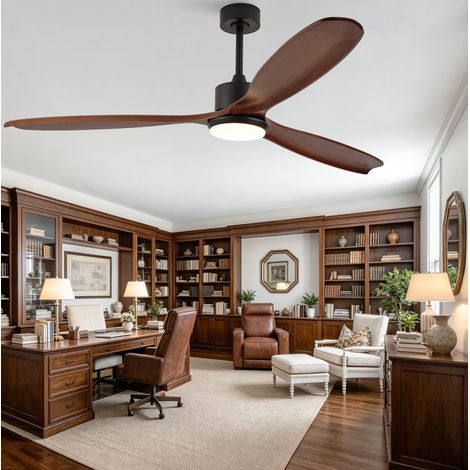 Ventilateur de plafond LED 3 pales, moteur DC 6 vitesses, 177 cm, bois et métal noir noyer (1/5)