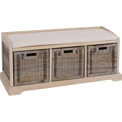 [NUNCA USADO] Banco Bienne, caja de almacenaje, 3 cestas, mimbre ratán Kubu, 112x46x37cm, color claro (1/5)