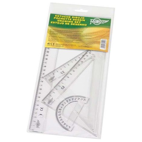 Estuche con regla, escuadra, cartabon y semicirculo Transparente
