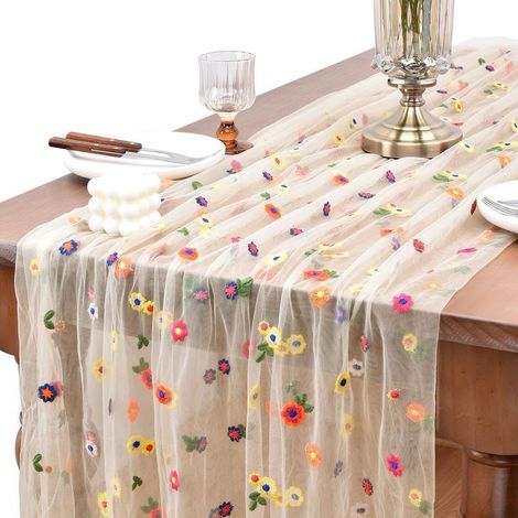 CCYKXAchemin Table Brodé de Marguerites, 72 x 300cm Chemin de Table Fleuri Tulle, Exquis Tables Runner à Marguerites Printanier pour Fêtes,(Champagne) (1/5)