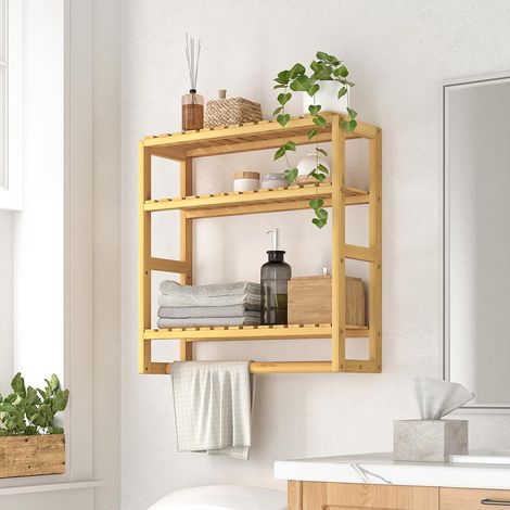 1 - Étagère Murale - Rangement Salle de Bain - Organisateur 3 Niveaux avec Tringle à Serviettes - Gain de Place au-Dessus des Toilettes - Bambou Naturel - 60x25x80cm
