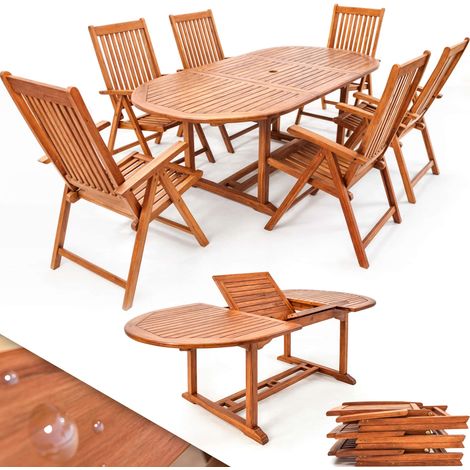 Casaria – Ensemble de salon de jardin extensible type papillon – 1 table 200 cm avec trou parasol – 6 chaises en bois d'eucalyptus FSC – Confort ergonomique (1/8)