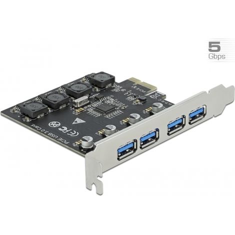 Delock Tarjetas PCI Express x1 a 4 x externo USB Tipo-A hembra SuperSpeed USB (USB 3.2 Gen 1)