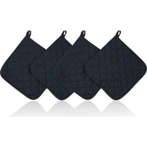 Maniques, lot de 4, en coton, avec pochette, 17 x 17 cm, lavables et antidérapantes, pour four, cuisine, pâtisserie, noires (1/5)