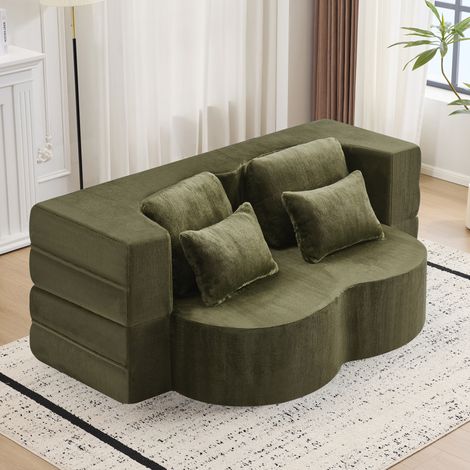 Canapé de sol convertible vert en mousse et ressorts avec 4 coussins, pliable sans montage (1/5)