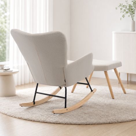 Fauteuil à bascule beige en laine d'agneau avec repose-pieds et coussin épais 91x61x88 cm (1/5)