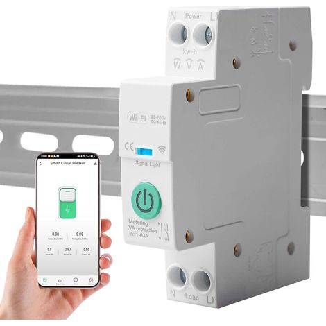 Interrupteur intelligent WiFi 1P+N - Disjoncteur de puissance intelligent - Télécommande - Commande vocale - Relais Wi-Fi pour rail DIN App Télécommande (1/5)