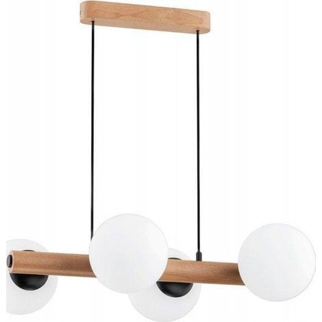 Alfa ARAGON Scandinavian Pendant Ceiling Lamp, 4-Light White Globe Shades, Black & Light Wood Frame, E14 Max 4x10W, Dimmable Ready, 62cm H x 60cm W, for Dining & Living Rooms (1/3)