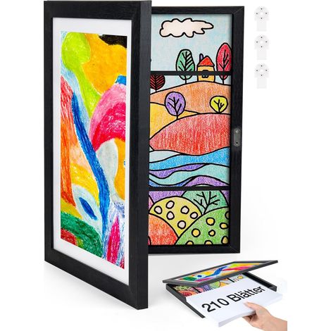 Cadre photo A4 épais pour dessins d'enfants en bois, cadre à rabat interchangeable 25x34x4 cm Noir 1 pièce (1/5)