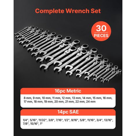 Jeu de Clés Mixtes 30PCs, Clé Plate à Cliquet Flexible SAE et Métrique, pour Réparation Domestique et Automobile Atelier, Extrémité… (1/5)