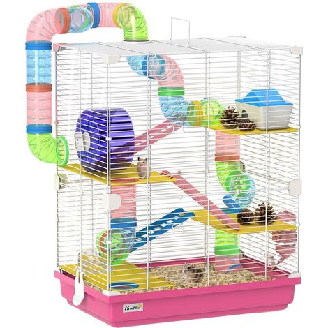 Cage pour hamster rose 46x30x58 cm avec tunnel, plateformes, gamelle, biberon et roue, habitat complet et coloré pour rongeurs