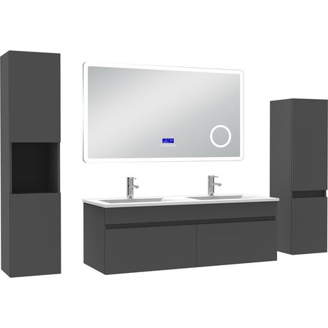 Ocean Ensemble meuble salle de bain 120 cm anthracite, lavabo céramique + 2 colonnes hautes + Miroir Bluetooth avec 3 couleurs dimmable, suspendu