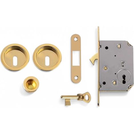 Kit per porte scorrevoli in ottone lucido con serratura a gancio e accessori completa installazione sicura - Ottone lucido (1/2)