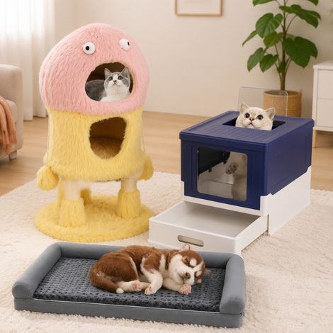 Set für mehrere Haustiere (3-teilig) – Zusammenklappbare Katzentoilette mit Deckel, großes orthopädisches Hundebett und riesiger Kratzbaum (1/5)