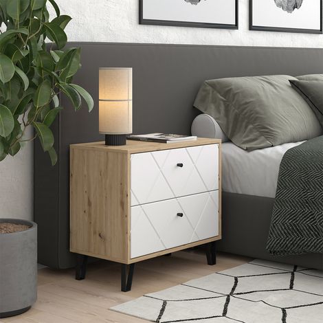 Comodino camera da letto Nizza, Artigianale/Bianco, 66 x 60.2 cm con 2 cassetti, Vicco