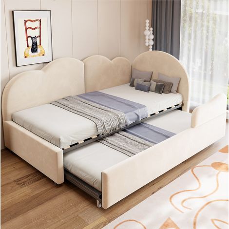 Canapé cama en L 90 x 200 + 90 x 190 cm, cama nido, terciopelo beige DESVIAE (1/5)