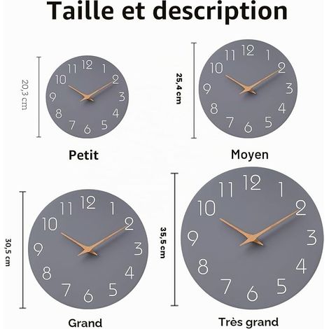 Horloge murale, 30 cm, silencieuse, sans tic-tac, design moderne en bois, parfaitement adaptée à la décoration des chambres, salons, cuisines, salles de bains et bureaux, grise. (1/4)