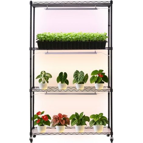 Pflanzenregal mit Wachstumslicht 90x35x150 cm, 4-stufiger Pflanzenständer, Pflanzenregal mit Rädern, 90 W 3-farbige Vollspektrum-Lichter, Blumenregal aus Metall für Samenkeimung (1/5)