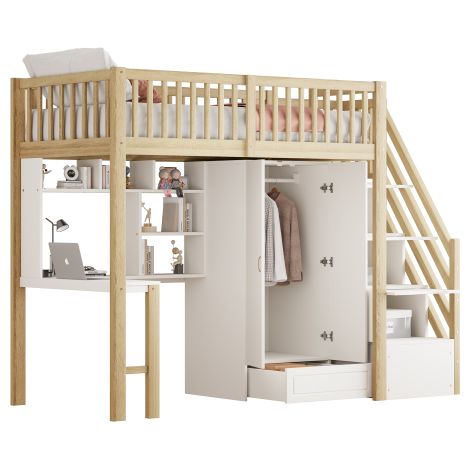 Hochbett  mit Sicherheits-Aufbewahrungsleiter, Bettgestell aus massivem Kiefernholz für Kinder und Jugendliche