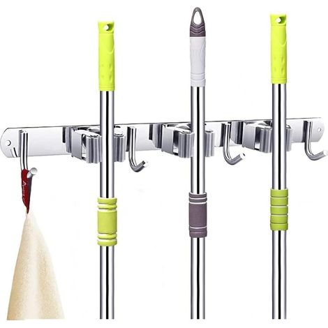 Porte-balais et serpillières en acier inoxydable avec 3 supports et 4 crochets pour brosse et serpillière, organiseur pour outils pour maison, cuisine, garage, gris (1/5)