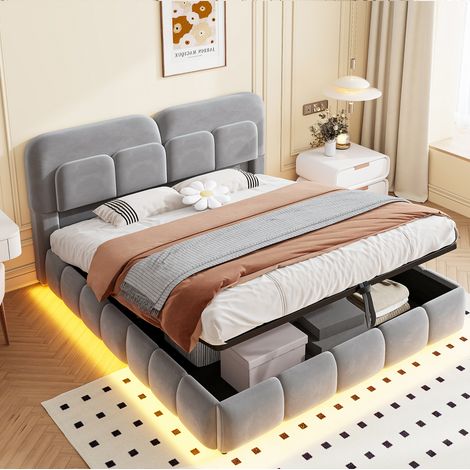 Polsterbett 140x200 cm aus grauem Samt mit hydraulischem Stauraum und LED, ohne Matratze – MEUBLIV (1/5)
