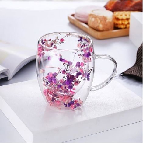 Lot de 3 tasses double paroi en verre trempé 350 ml – Motifs fleurs séchées – Pour cappuccino, latte et thé
