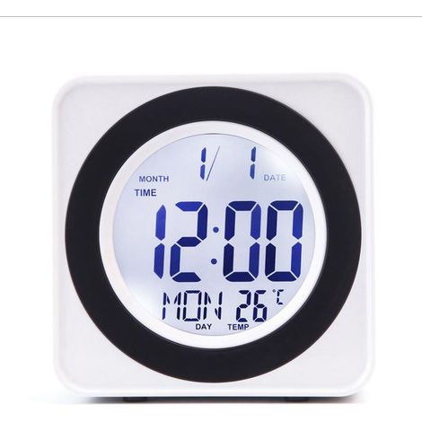 Horloge Électronique Carrée à Rétroéclairage avec Commande Vocale, Affichage Calendrier et Température - Blanc (1/5)