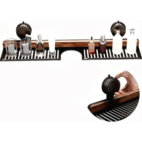 Étagère à ventouse en noyer - Extra large - Avec trous de drainage - Sans perçage - Organisateur de salle de bain - Meuble de salle de bain - Étagère murale pour chambre à coucher et cuisine (1/5)