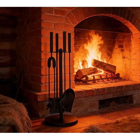 outils de cheminée avec support, 48 cm, pelle, tisonnier, brosse, pince, base de 18 cm, acier en poudre (1/5)