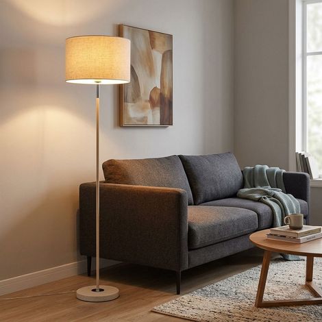 Lampadaire LED pour salon, interrupteur au pied, couleur sable et métal, H 159 cm (1/5)