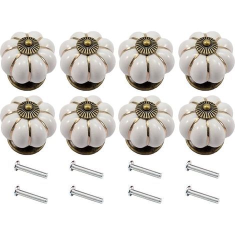 Lot de 8 boutons en céramique en forme de citrouille pour meubles, armoires, tiroirs (blanc)