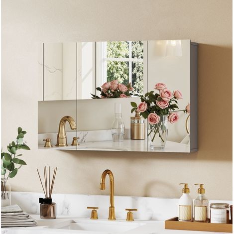 Armadietto specchio da bagno 90x15x60 cm grigio in legno con 3 ante e ripiani regolabili (1/5)