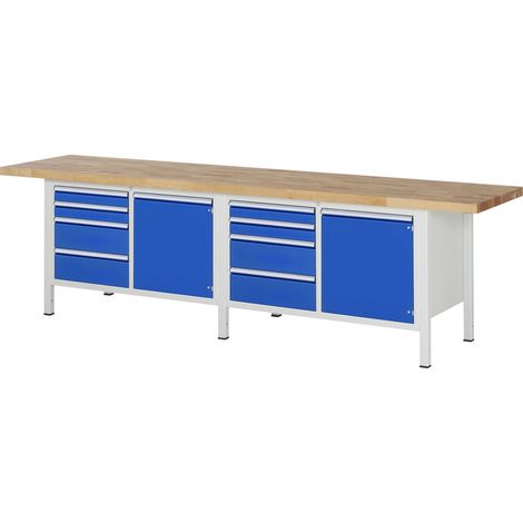 Werkbank Classic B3000xT900xH840mm Buche massiv lichtgrau/blau 8 Schubl.2 Türen (1/5)