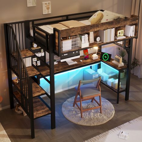 REDOM - Cama alta - 90x200 cm - con escritorio esquinero -almacenaje - USB Type C y LED - madera y metal - marrón negro (Sin colchón)