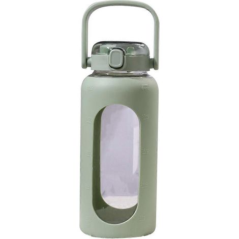 Bouteille d'eau en verre de 1,9 litre (64 oz), à large goulot, avec poignée, housse en silicone et graduations, idéale pour le sport. (1/5)