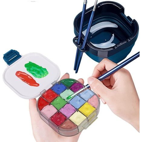 Palette de Peinture de Voyage avec rondelle de Pinceau Pliable, Portable 16 emplacements hermétique avec Nettoyeur de Pinceau et Support de Pinceau